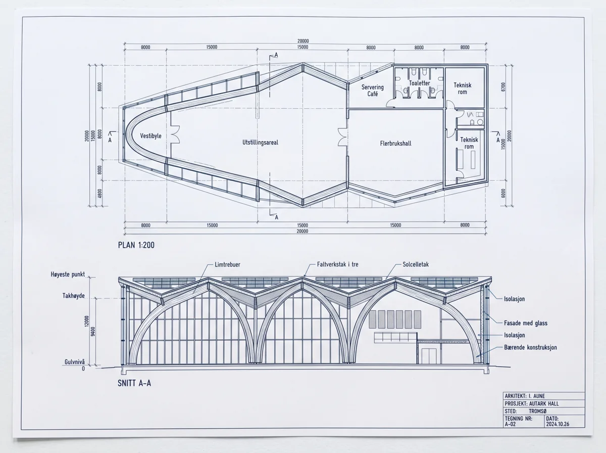 AUTARK Hall — plan og snitt