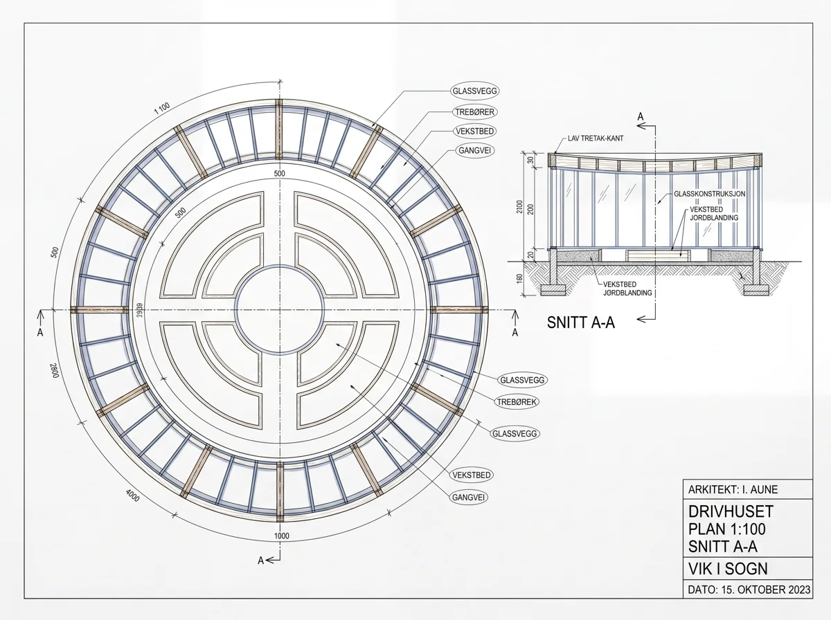 Drivhuset — plan og snitt
